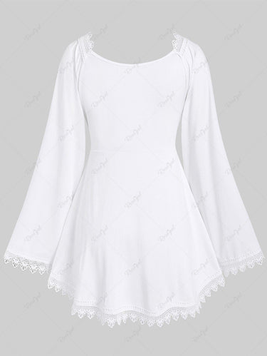 Gothic Plus Size Lace Trim Hollow Out Cinched Flare Sleeves Blouse