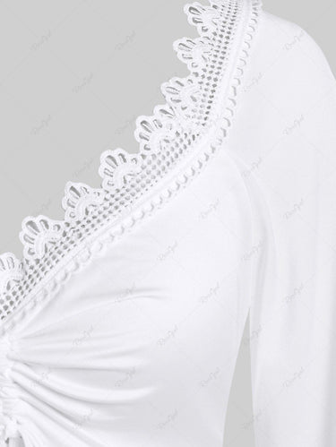 Gothic Plus Size Lace Trim Hollow Out Cinched Flare Sleeves Blouse
