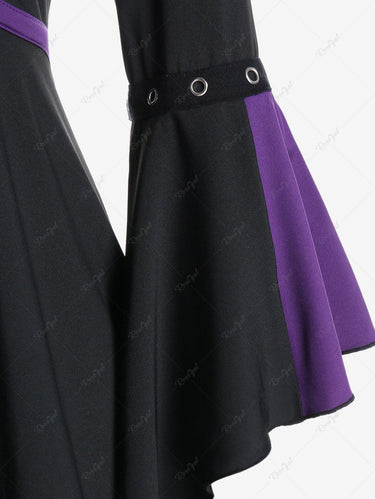 Gothic Plus Size Flare Sleeves Lace Up Contrast Hanky Hem Halloween Tee