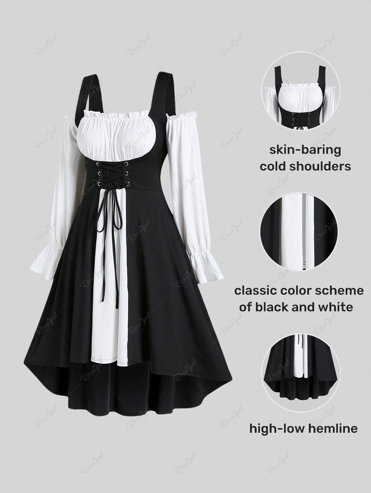 💗Lilith Loves💗Victorian Goth Lace Up Cold Shoulder Ruffles High Low Dress