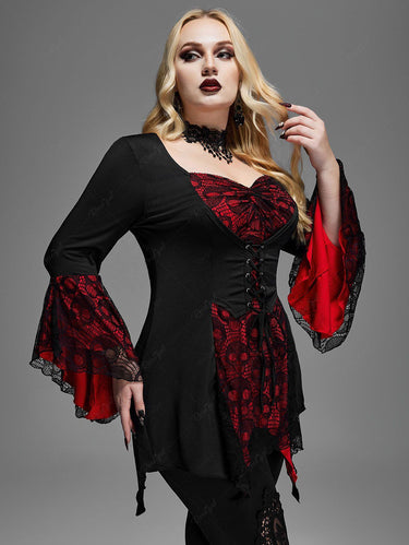 Halloween Vampire Costume Gothic Plus Size Bell Sleeve Skull Lace Handkerchief Long Sleeve Blouse Top