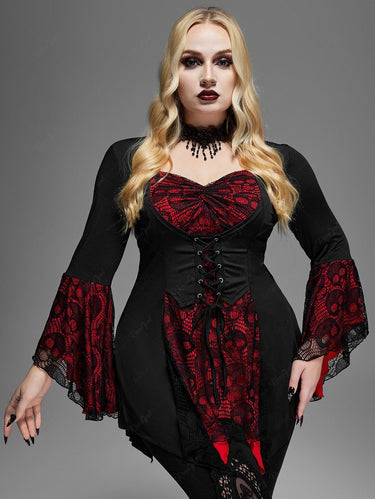 Halloween Vampire Costume Gothic Plus Size Bell Sleeve Skull Lace Handkerchief Long Sleeve Blouse Top