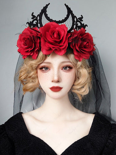 Gothic Rose Flower Hair Crown Halloween Tiara Headband Veil Hairs Accessories