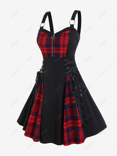 💗Ginny Loves💗 Gothic Lace Up Plaid Half Zipper Fit and Flare Dress