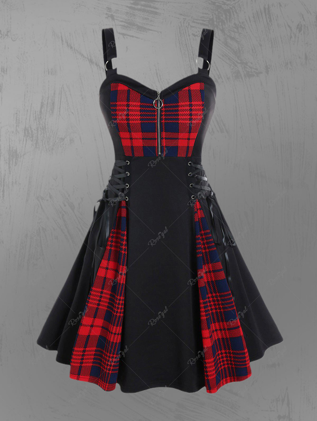 💗Ginny Loves💗 Gothic Lace Up Plaid Half Zipper Fit and Flare Dress