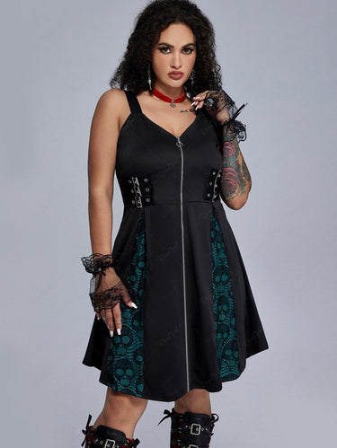 💗Ginny Loves💗 Gothic Skull Lace Panel Full Zipper Buckle Grommet Patchwork Ruched Tank Dress