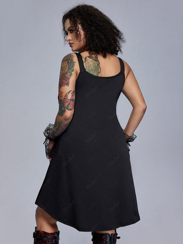 💗Ginny Loves💗 Gothic Skull Lace Panel Full Zipper Buckle Grommet Patchwork Ruched Tank Dress