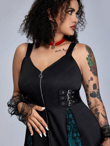 💗Ginny Loves💗 Gothic Skull Lace Panel Full Zipper Buckle Grommet Patchwork Ruched Tank Dress