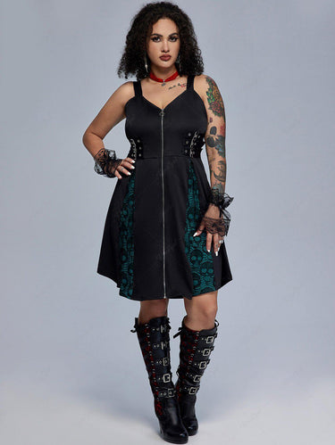 💗Ginny Loves💗 Gothic Skull Lace Panel Full Zipper Buckle Grommet Patchwork Ruched Tank Dress