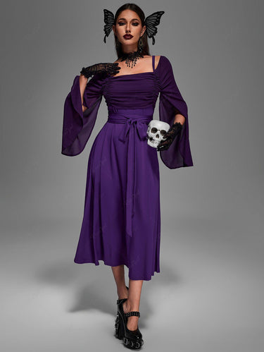 Gothic Plus Size Vintage Ruched Two Tone Mesh Sleeves A Line Midi Belt Halloween Dress