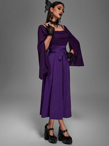 Gothic Plus Size Vintage Ruched Two Tone Mesh Sleeves A Line Midi Belt Halloween Dress