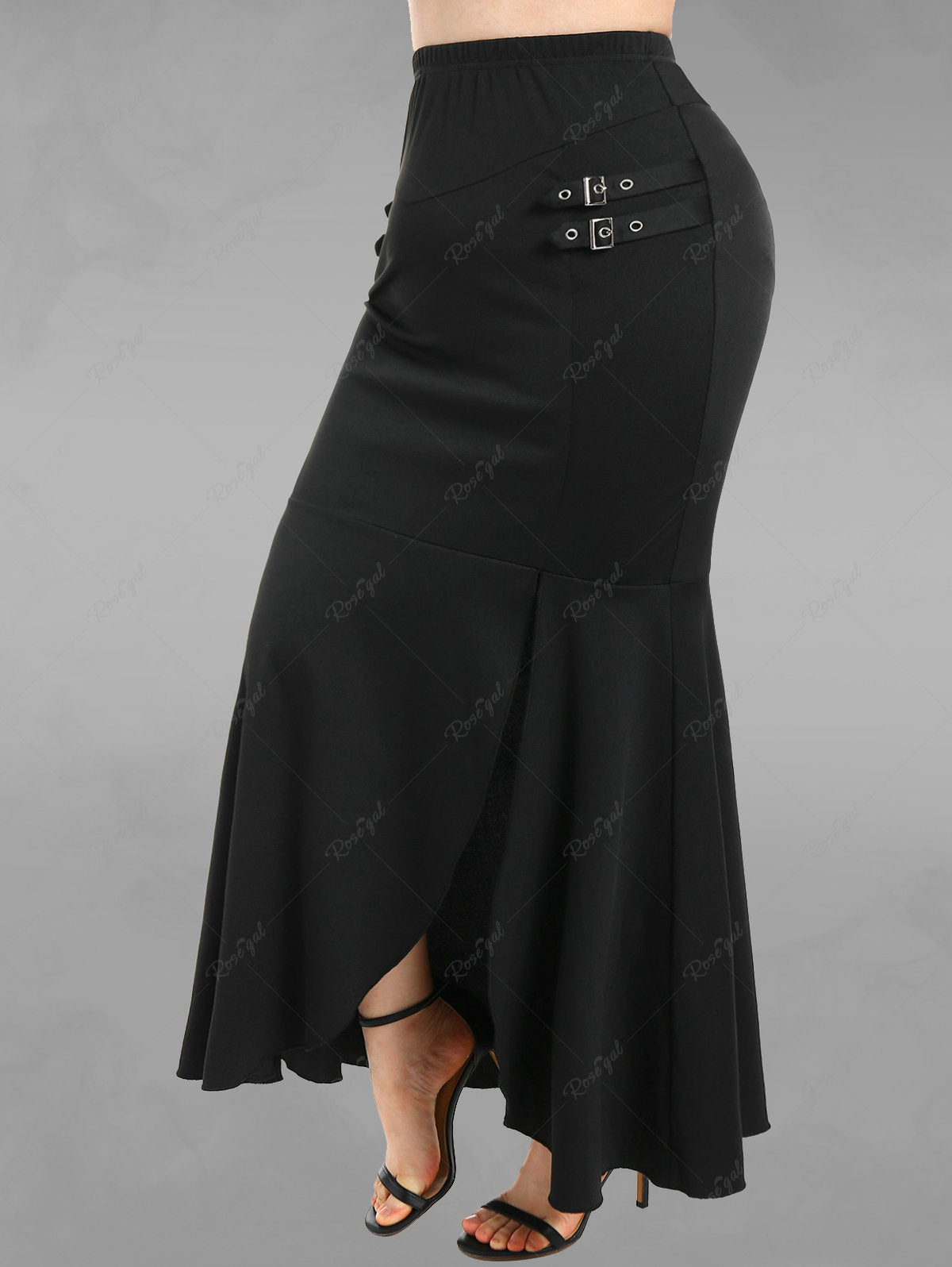 💗Delle Loves💗 Gothic Buckles Slit Flounce Bodycon Solid Maxi Skirt