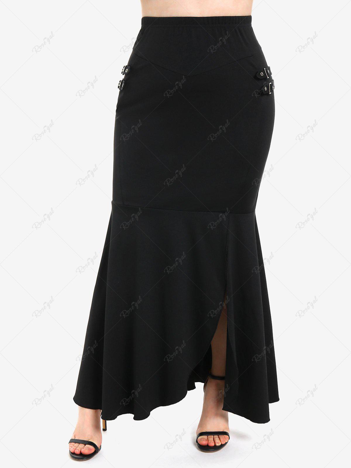 💗Delle Loves💗 Gothic Buckles Slit Flounce Bodycon Solid Maxi Skirt