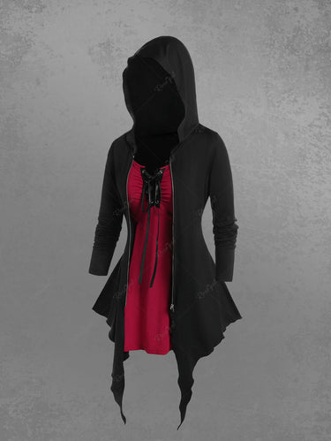 Gothic Plus Size Lace Up Full Zipper Hooded Asymmetric Tee