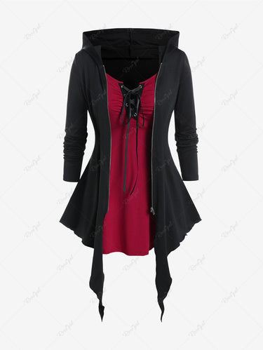 Gothic Plus Size Lace Up Full Zipper Hooded Asymmetric Tee