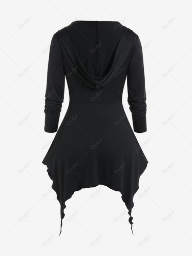 Gothic Plus Size Lace Up Full Zipper Hooded Asymmetric Tee