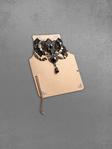 Punk Rhinestone Heart Wings Lace Necklace