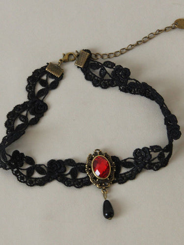 Gothic Victorian Lace Red Gem Choker