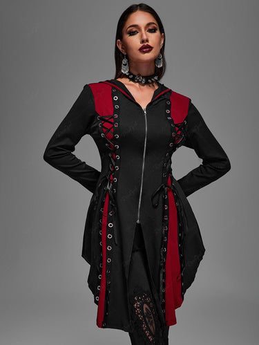 💗Chiara Loves💗 Plus Size Hooded Lace Up Grommets Colorblock Gothic Coat