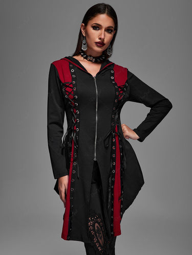 💗Chiara Loves💗 Plus Size Hooded Lace Up Grommets Colorblock Gothic Coat