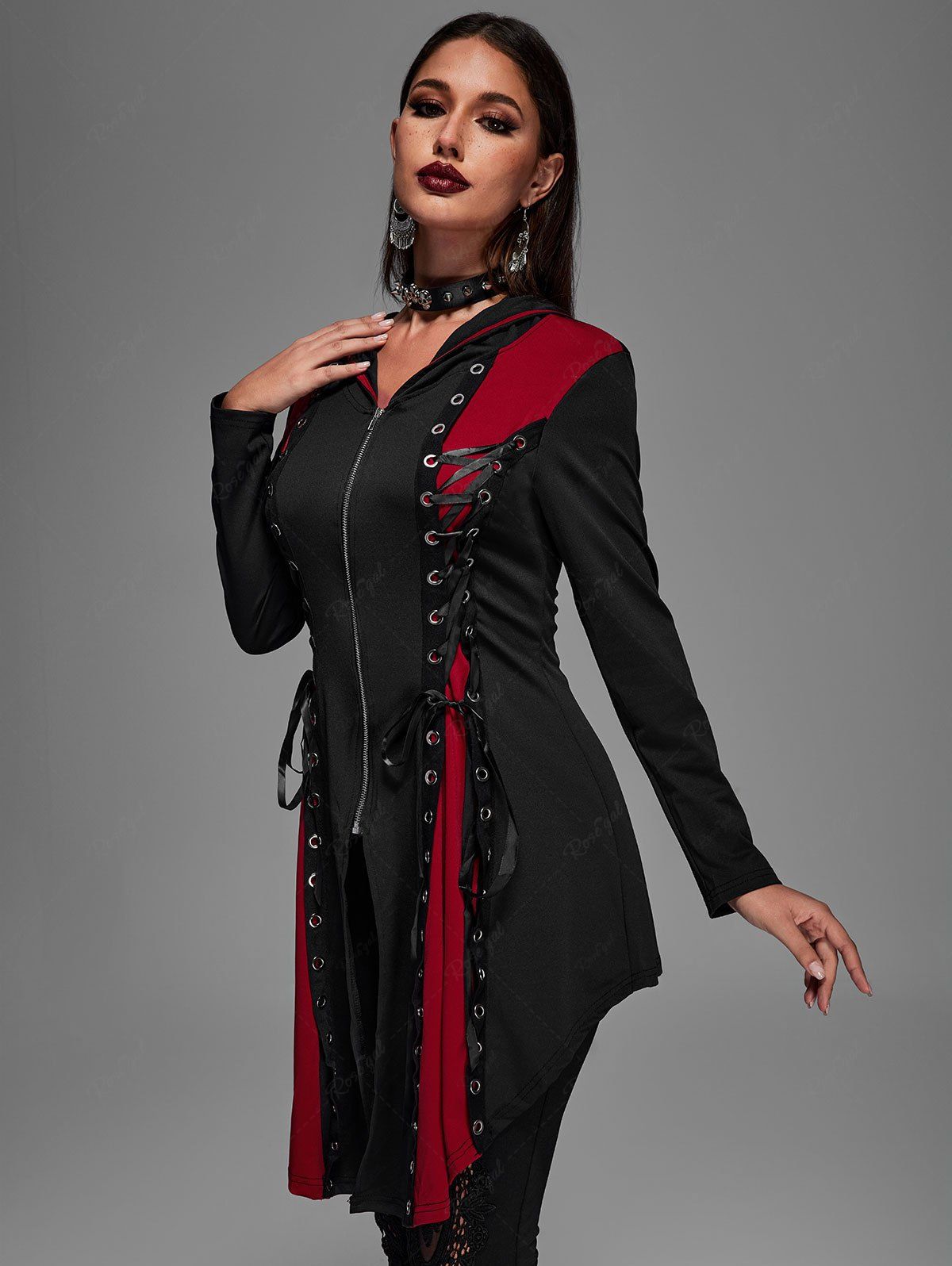 💗Chiara Loves💗 Hooded Lace Up Grommets Colorblock Gothic Coat