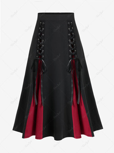 💗Danae_lovecraft Loves💗 Gothic Plus Size Vampire Lace Up Two Tone Godet Hem Midi A Line Victorian Walking Skirt