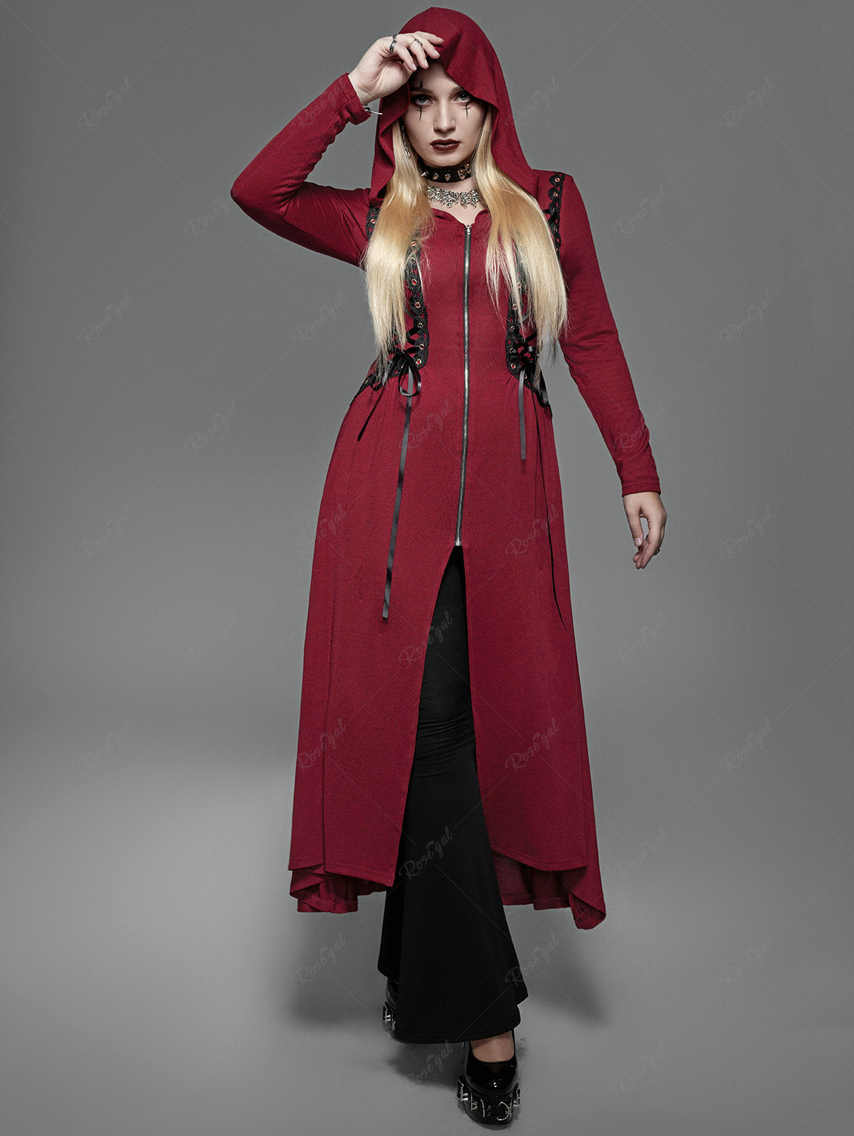 💗Lilith Loves💗 Gothic Hooded Lace Up Front Zipper High Low Maxi Coat