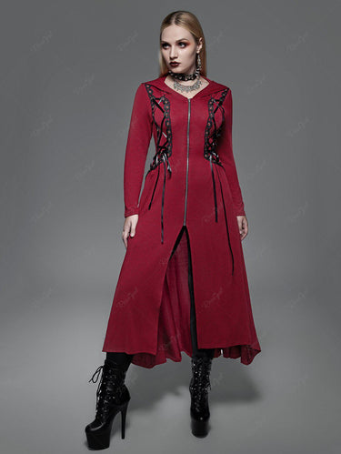 💗Lilith Loves💗 Gothic Plus Size Halloween Hooded Lace Up Front Zipper High Low Maxi Coat