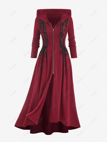 💗Lilith Loves💗 Gothic Plus Size Halloween Hooded Lace Up Front Zipper High Low Maxi Coat