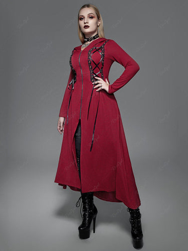 💗Lilith Loves💗 Gothic Plus Size Halloween Hooded Lace Up Front Zipper High Low Maxi Coat