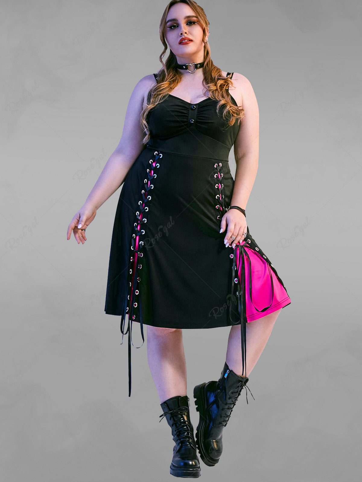 Gothic Grommets Lace-up Colorblock Sleeveless Dress
