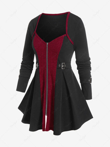 Gothic Plus Size Buckles Zipper Fly Two Tone Long Sleeves Long Sleeve Tops