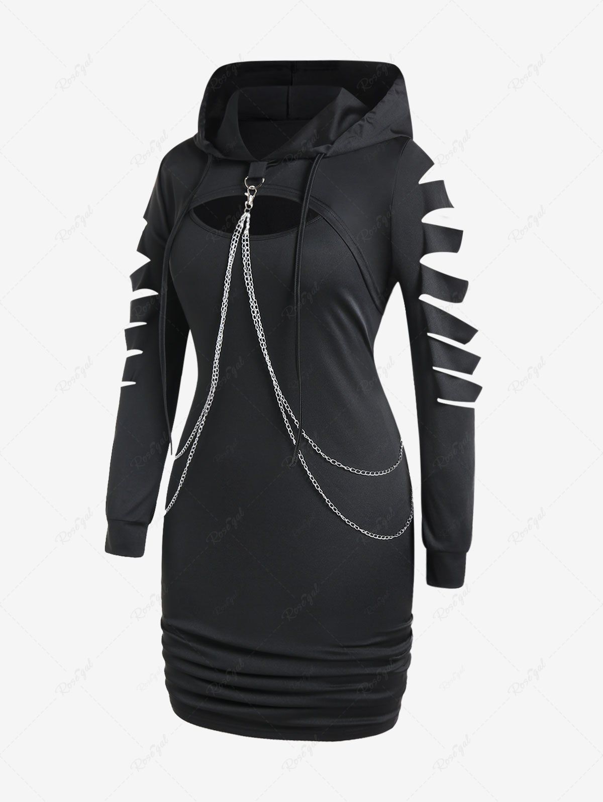 Gothic Chains Ladder Ripped Hooded Shrug Top and Bodycon Tank Dress Set