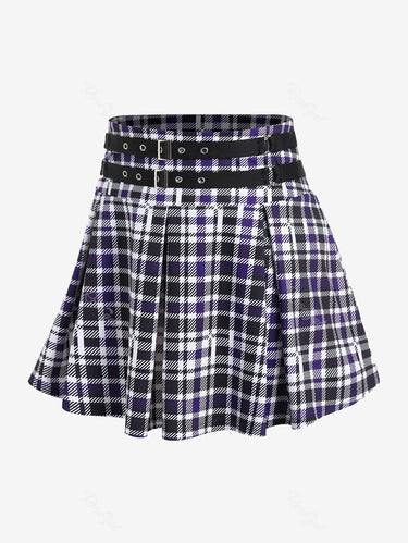 Gothic Plus Size Checked Buckle Grommets Pleated Detail Mini Skirt