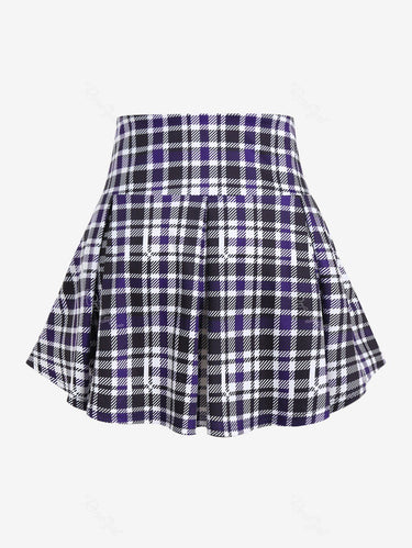 Gothic Plus Size Checked Buckle Grommets Pleated Detail Mini Skirt