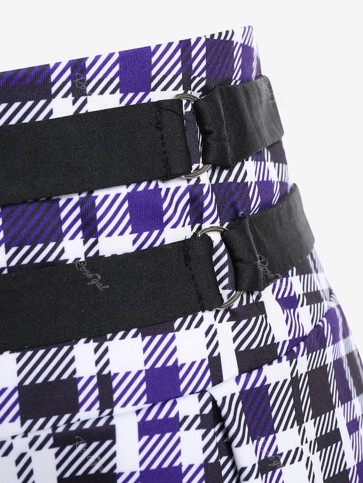 Gothic Checked Buckle Grommets Pleated Detail Mini Skirt