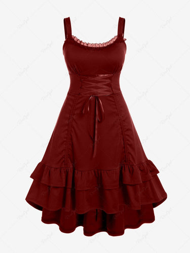 💗Lauren Loves💗Gothic Plus Size Lace-trim Lace-up Layered Ruffled Cinched Ruched Sleeveless Halloween Midi Dress
