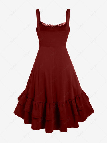 💗Lauren Loves💗Gothic Plus Size Lace-trim Lace-up Layered Ruffled Cinched Ruched Sleeveless Halloween Midi Dress