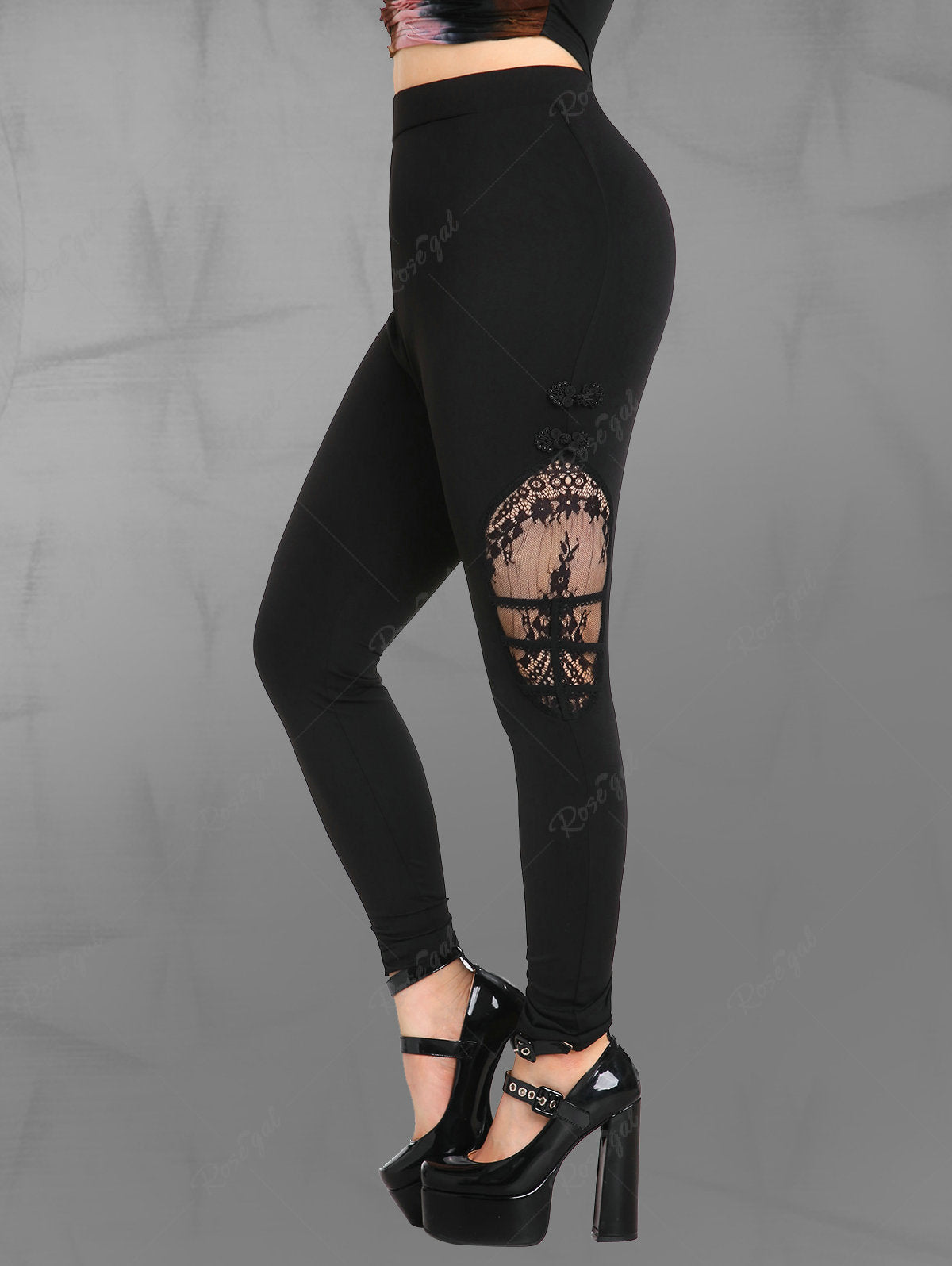 Gothic Lace Panel Frog Button Pull On Skinny Pants