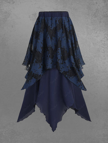 Gothic Lace Overlay Layered Handkerchief Hem Midi Skirt