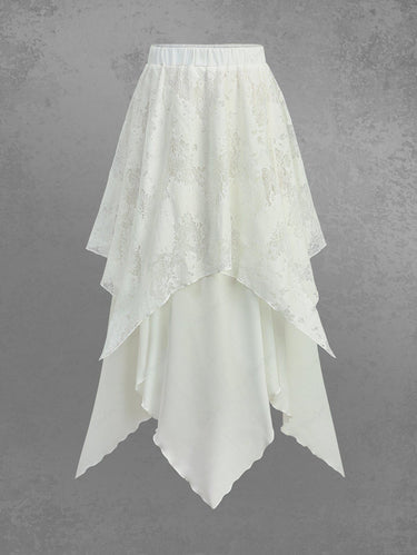 Gothic Lace Overlay Layered Handkerchief Hem Midi Skirt