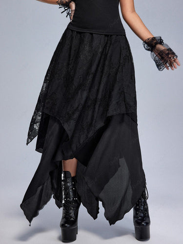 Gothic Lace Overlay Layered Handkerchief Hem Midi Skirt