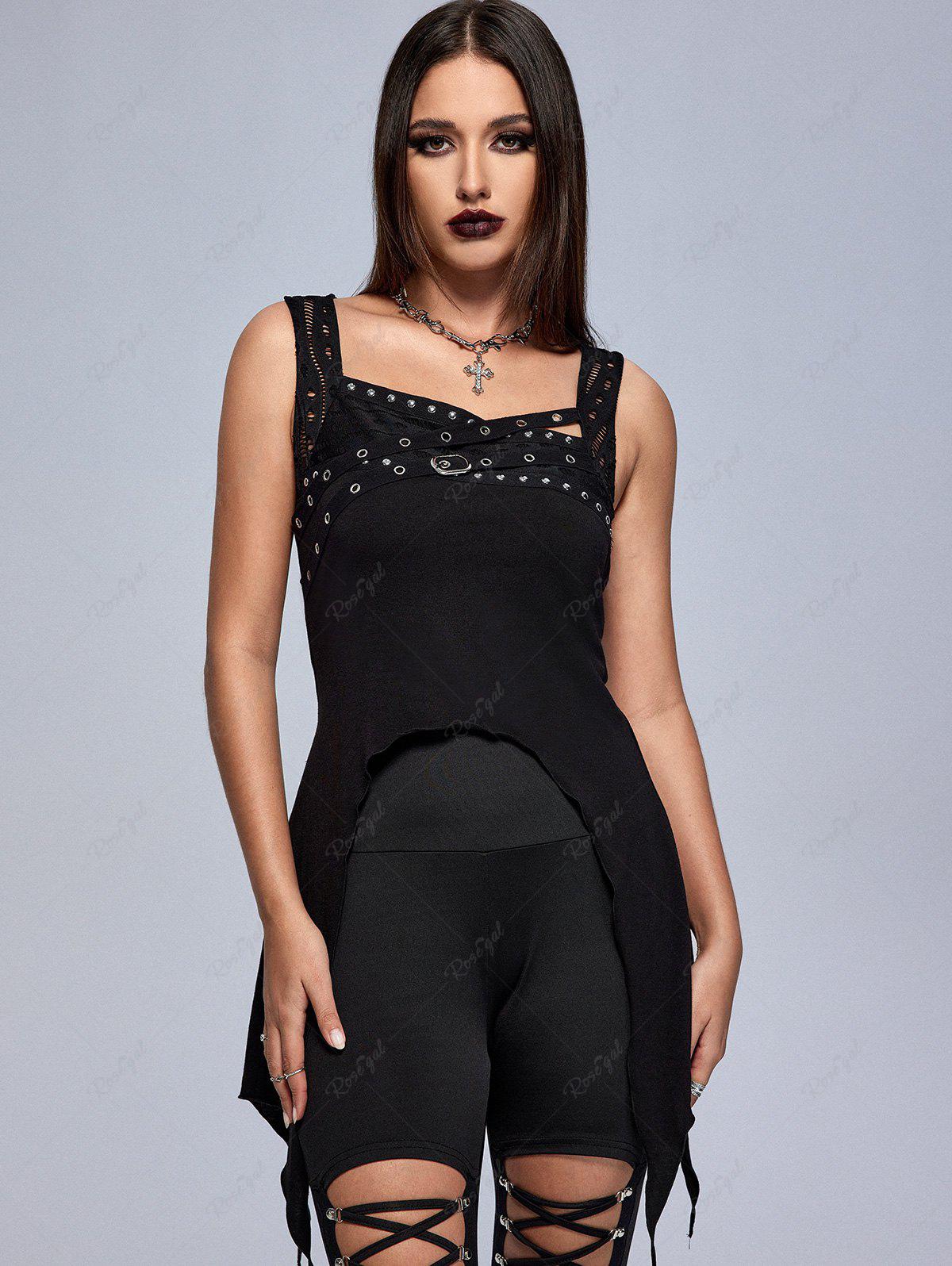💗Andrea Loves💗 Gothic Hollow Out Grommet Buckle Stud Asymmetrical Tank Top