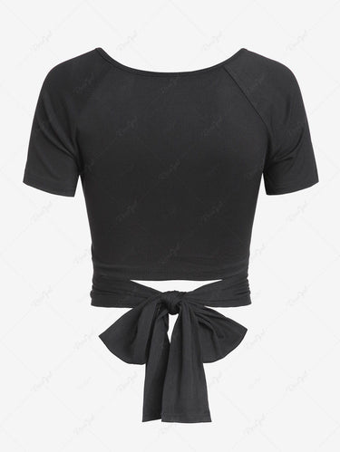 Gothic Raglan Sleeve Ribbed Knot Cutout Criss Cross Tie Back Crop T Shirt