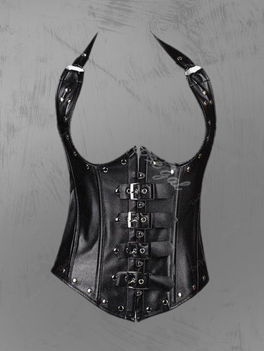 Gothic Plus Size Halter Faux Leather Studs Buckled Underbust Corset
