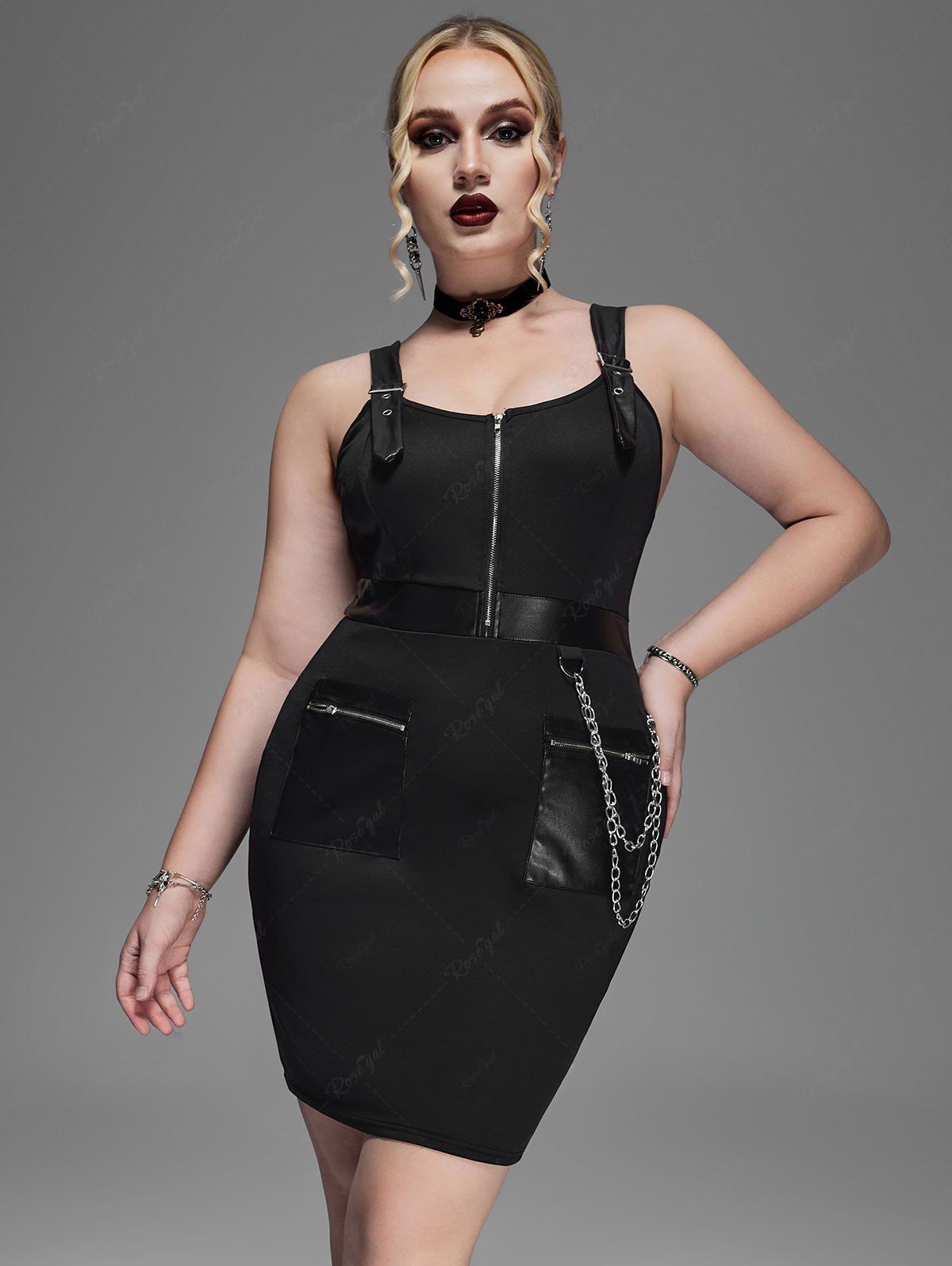 Gothic Punk Chains Buckles PU Panel Bodycon Dress with Pockets