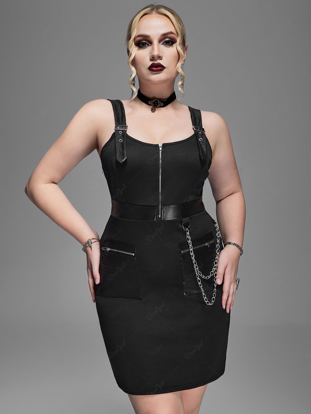 Gothic Punk Chains Buckles PU Panel Bodycon Dress with Pockets