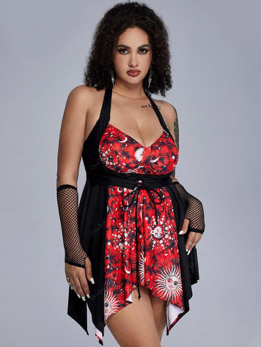 Gothic Plus Size Halter Sun Moon Print Lace-up Swim Top