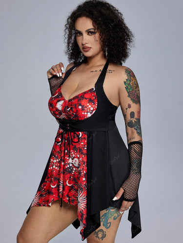 Gothic Plus Size Halter Sun Moon Print Lace-up Swim Top