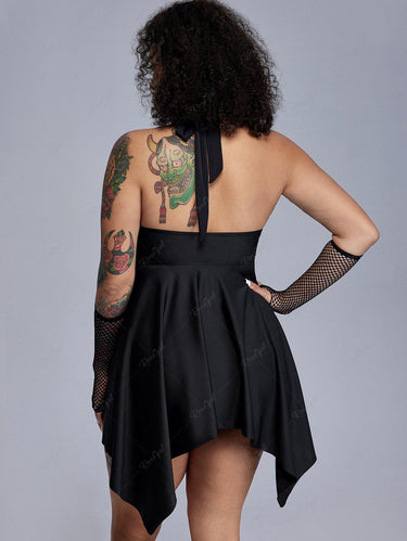 Gothic Plus Size Halter Sun Moon Print Lace-up Swim Top